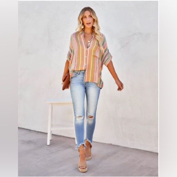VICI Collection Camille Striped Woven Button Down Top Multicolor - Picture 2 of 14